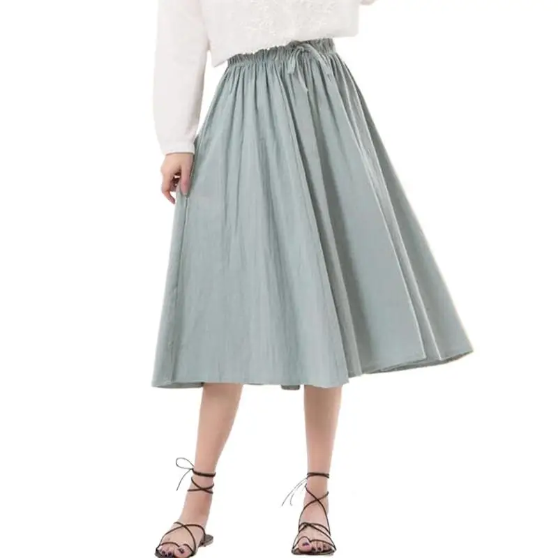 

Cotton Long Skirt Women Summer Sweety Color Pleated A-Linen Swing Faldas Female Vintage Elastic Waist Beach Skirt faldas mujer