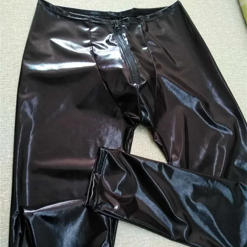 Mens Latex Lingerie Wetlook Fetish Gay Leggings Trousers PVC Leather Pole Dance Nightclub Sissy Costumes Sexy Tight Long Pants