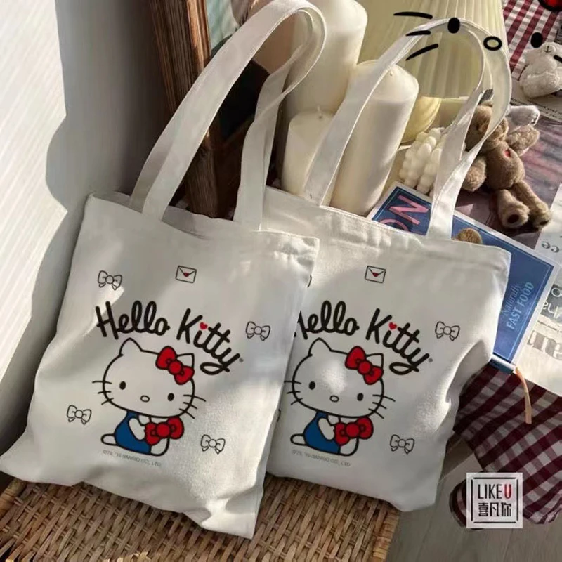 Hello Kitty Sanrio Canvas Bag Kawaii Anime Student Portable Large Capacity Makeup Wash Commuting Cartoon Storage Bags Girls Gift