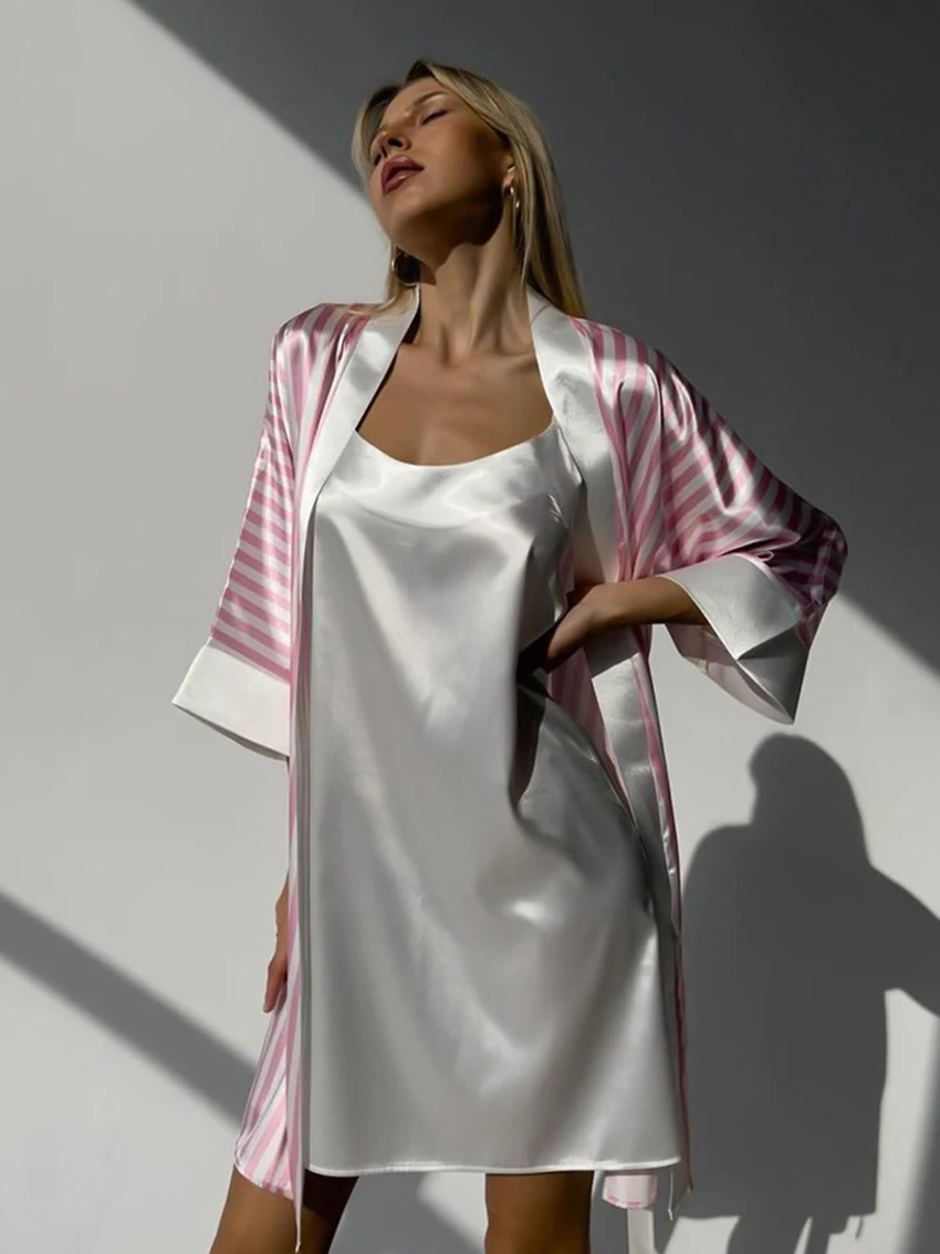 

Martahqiqi Striped Female Nightgowns 2 Piece Suit Lace Up V-Neck Robe Three Quarter Sleeve Bathrobe Spaghetti Strap Dress Pajama