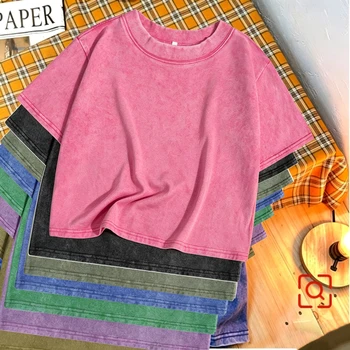 8 Colors Solid Washed T-Shirts Womens Summer Loose O-Neck Cotton Crop Tops Vintage Soft Short Sleeve Tees Y2k Womans Clothes