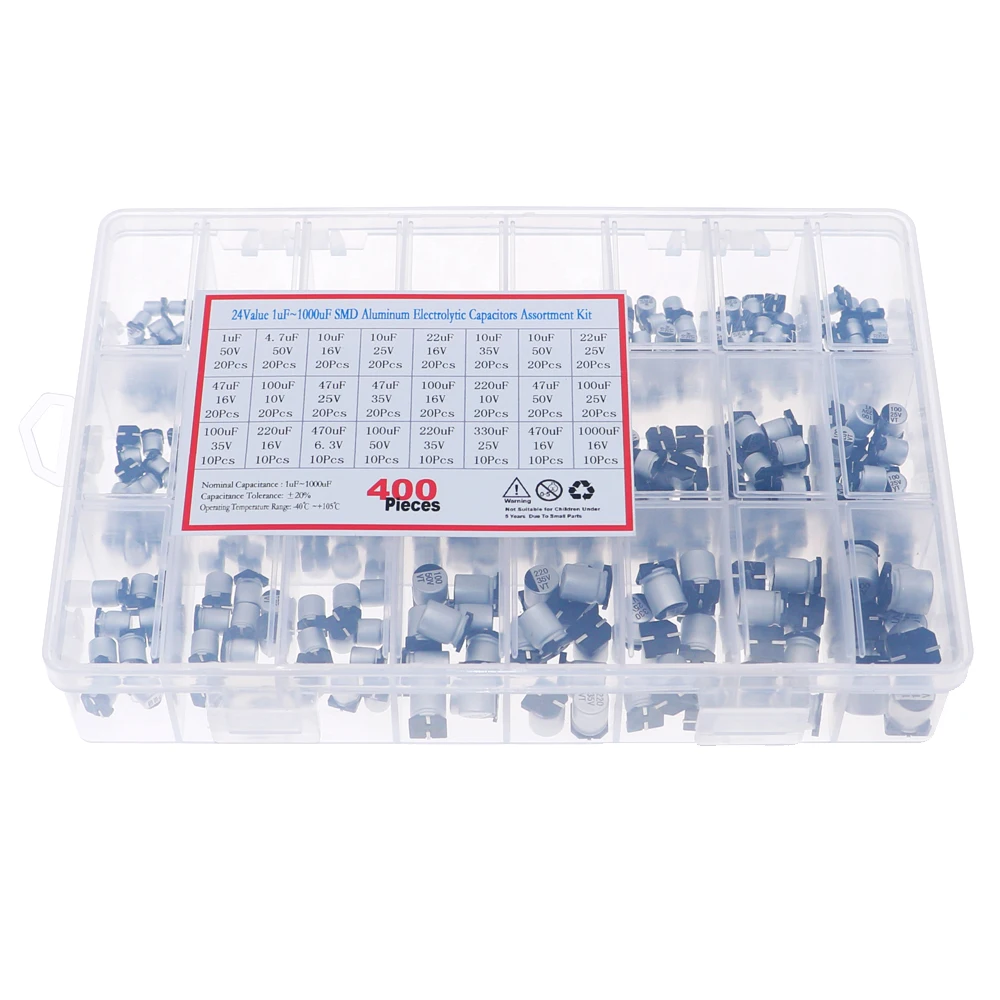 400pcs 24 Values 16V-50V 1uF-1000uF SMD Aluminum Electrolytic Capacitor Assorted Mixed Box kit