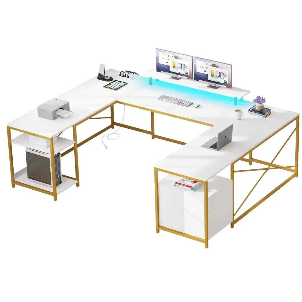L Shaped Desk with Power Outlets & LED Lights, Reversible Computer Desk with Drawers & Storage Shelves, Large U Shaped Desk 6