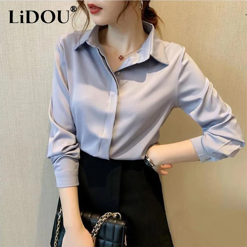 Spring Autumn Office Lady Elegant Fashion Solid Dress Shirt Women Long Sleeve Temperament Bottoming Blusa Loose All-match Blouse fashion office lady skinny button business casual formal bottoming solid turn down collar spring summer thin women s clothing