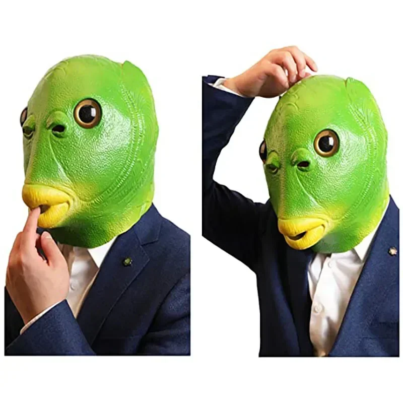 Máscara de disfraz de Cosplay divertida para hombres y mujeres adultos, máscara de cabeza de pez verde, tocado para fiesta de maquillaje, Día de los inocentes