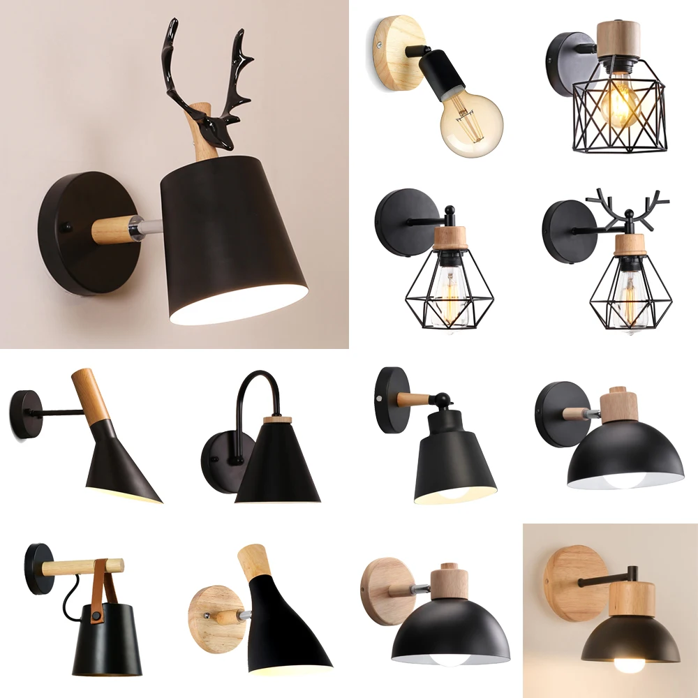 Nordic Wooden Wall Light Bedroom Bedside Lamp Black Modern E27 Aisle Stairs LED Home Ceiling Lighting Sconce Living Room Decor
