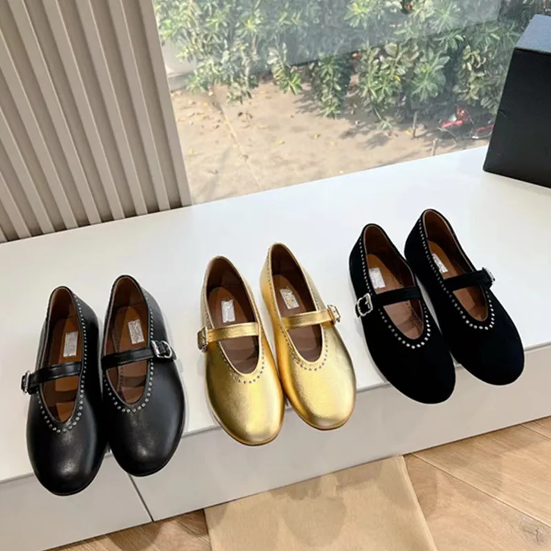 

2024 Роскошные Брендовые женские туфли из натуральной кожи на плоской подошве с заклепками и круглым носком, женские туфли Мэри Джейн, повседневные туфли
