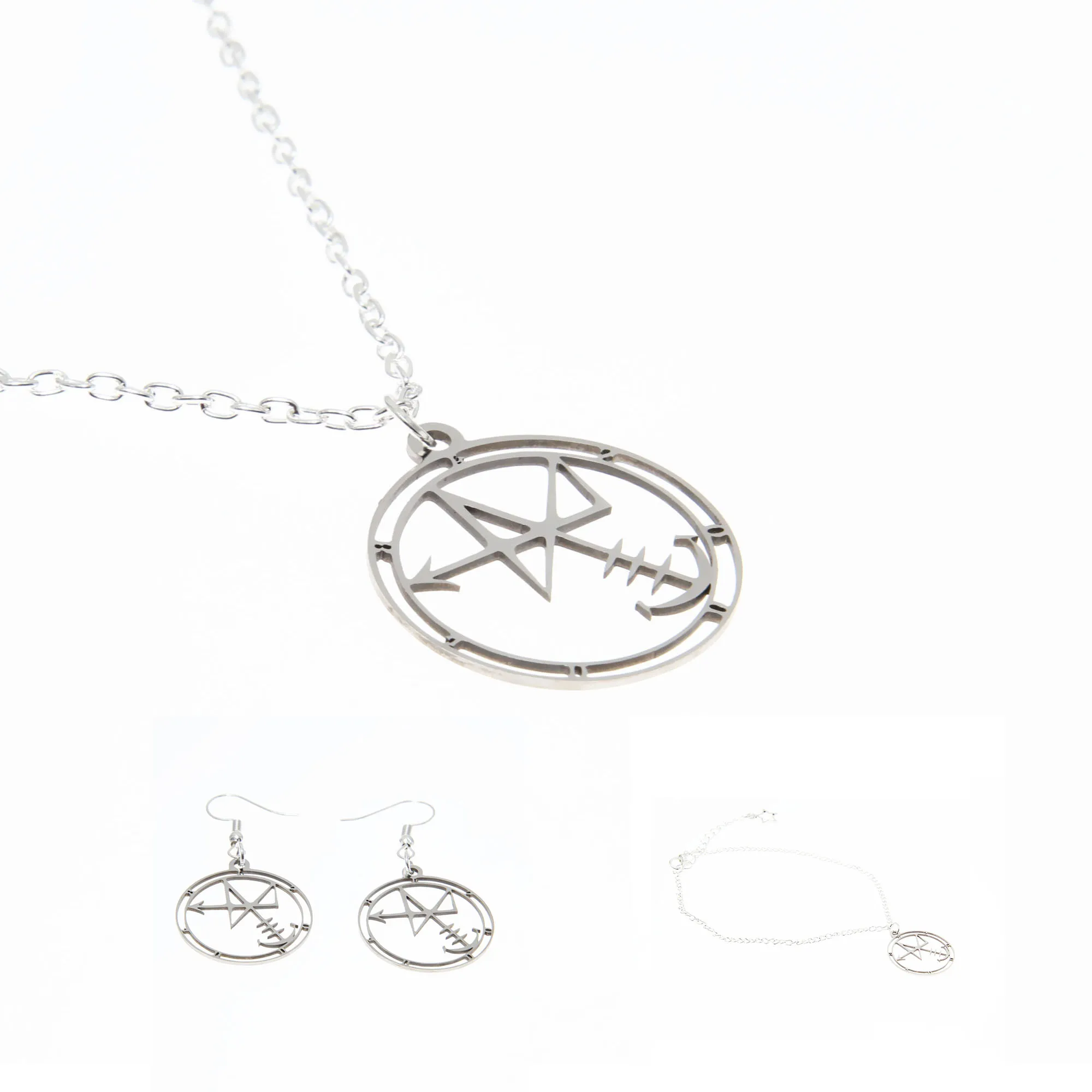 Abaddon Symbol Silver Tone Necklace, Bracelet, and Earrings