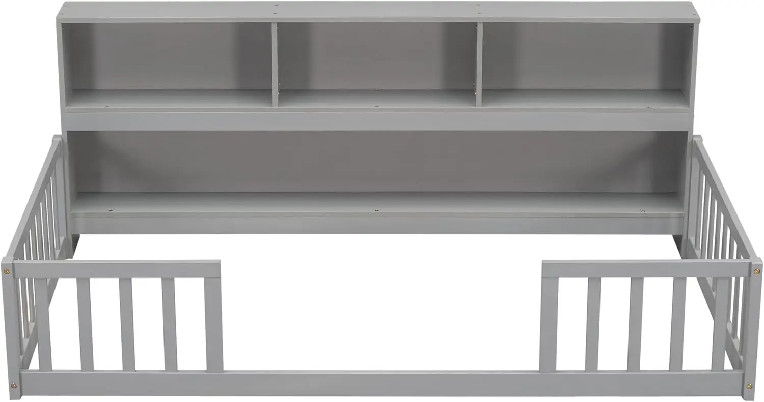 Kids Montessori Floor Bed,Twin Size Floor Bed with Bookcase and Shelves,Twin Bed Frame 5