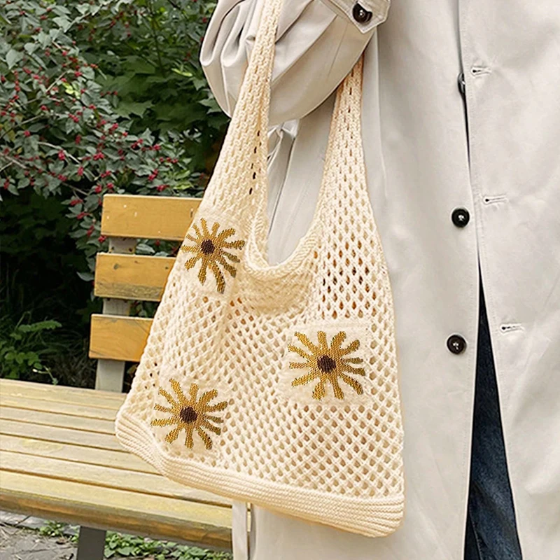 Eco-Friendly Portable Flower Mesh Net Shopping Bag Reusable Foldable Handbag Tote for Fruit Vegetable Storage Women Grocery Bag