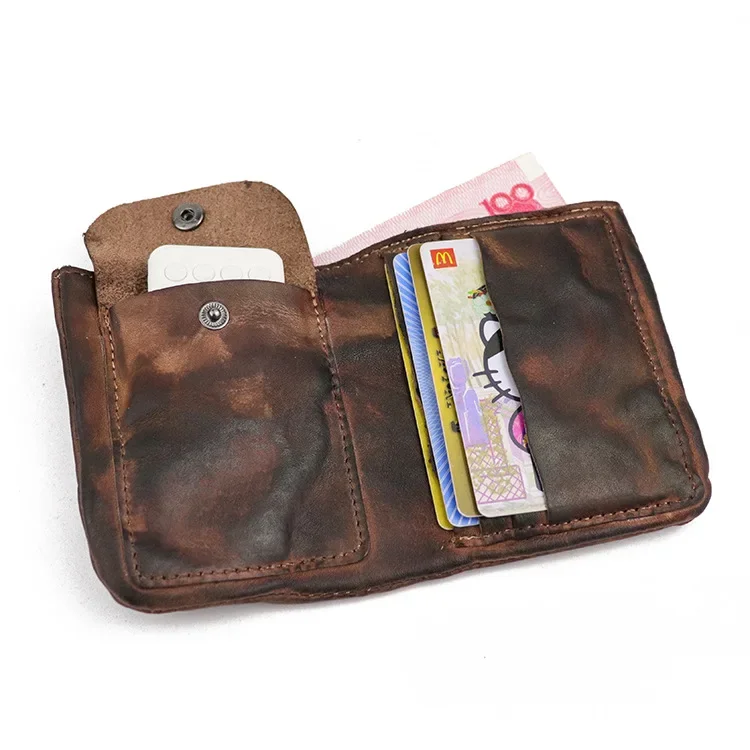 Handmade Vintage Style Men's Leather Wallet, Short Design with Folded Card Holder