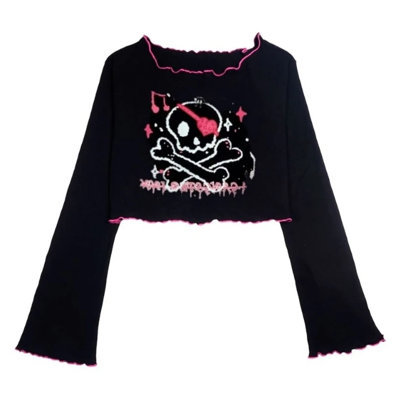 

Готический Черный кроп-топ Deeptown Y2K, женские панковские футболки в стиле Харадзюку с графическим принтом черепа, повседневные футболки с кру...