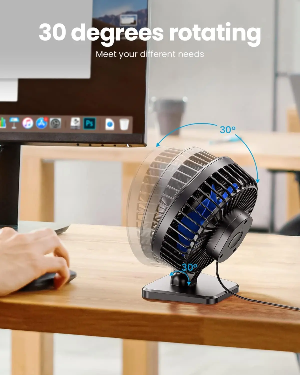 USB-bureauventilator, klein maar krachtig, stil, 3 snelheden, verstelbare mini-tafelventilator voor thuis, kantoor, auto, zomer en op reis, blauw_voghion.com