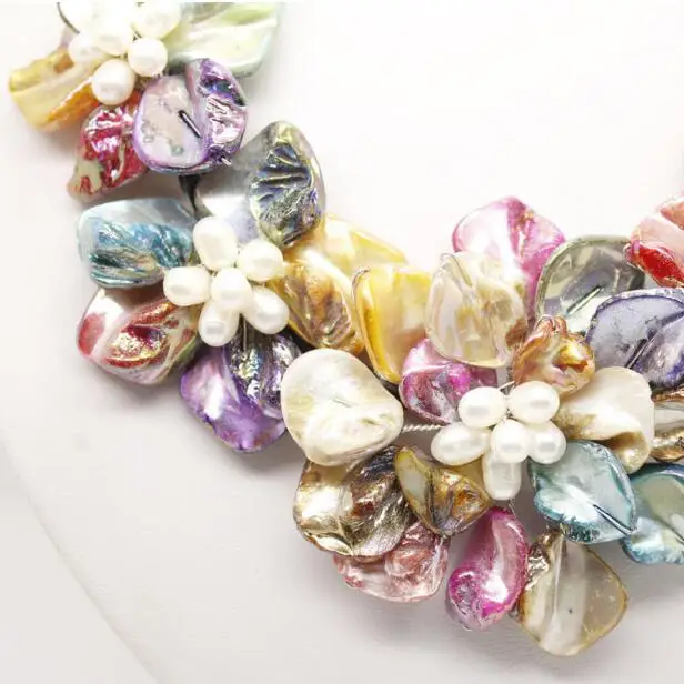 Jewelry Pearl Necklace  natural white pearl & Multicolor shell pearl 5 flower pendant necklace long 18inch