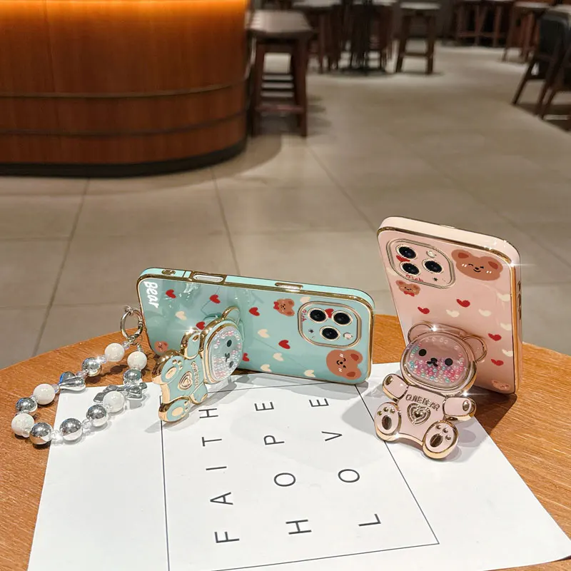 Pearl Strap Lanyard Love Bear Phone Holder Case - Anti-Knock Cover