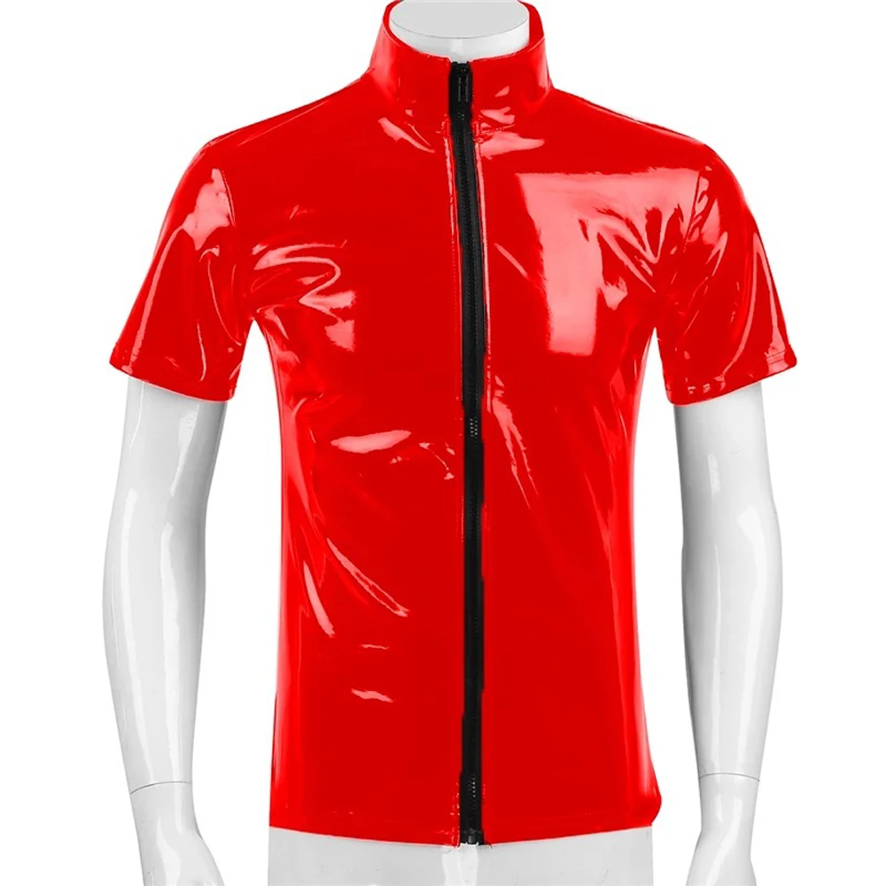 Neue Glänzende Kunstleder-Jacken Kurzarm T-Shirt Wet-Look PVC T-Shirt Eng Anliegende Sexy Bodybuilding Hot Shapers Muskel-Tops – Detail 7