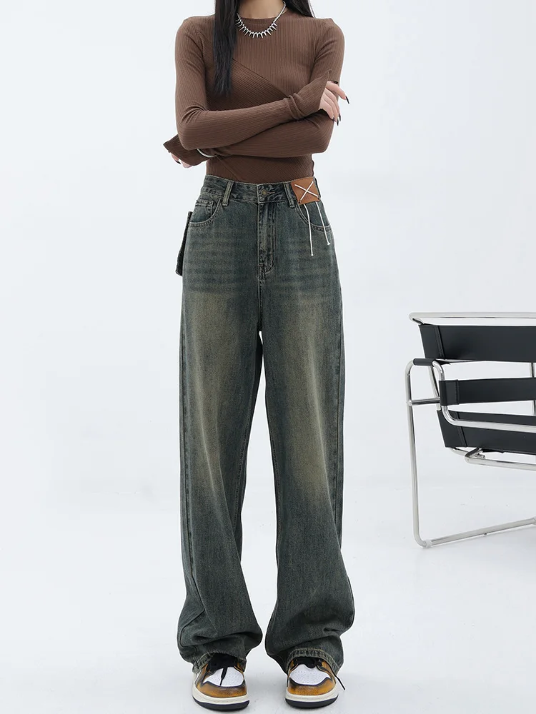 

Американские винтажные уличные дизайнерские женские джинсы в повседневном стиле прямые брюки с высокой талией 2024 Новые широкие джинсовые брюки