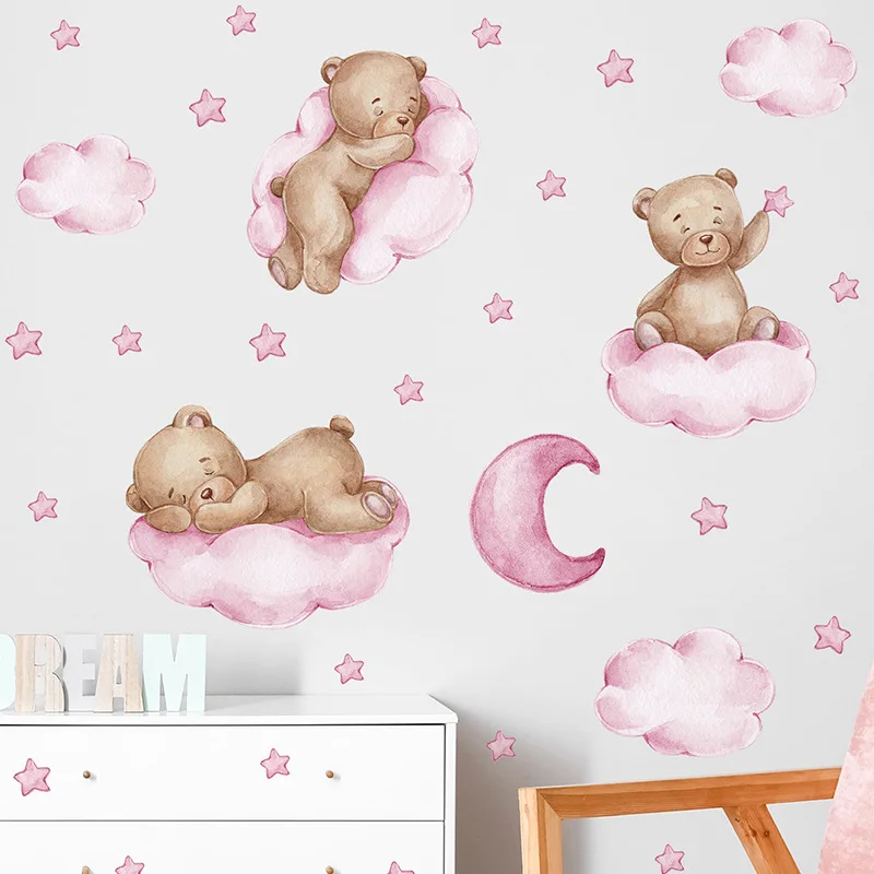Cartoon Teddy Bear Moon Wall Stickers for Kids Room Baby Nursery Decor Sticker Wallpaper Boy Girls Bedroom Baby Room Wall Decals luminous wall stickers wall stickers vinyl decal stickers