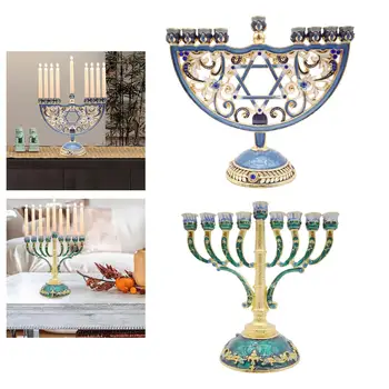 1x European Style Retro Enameled Menorah, Hand Painted with Jeweled Accents, Jewish Candlesticks