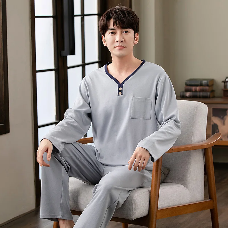 Spring Autumn Men's Long-Sleeved Long Trousers Pajamas Thin Cotton Leisure Homewear Suit
