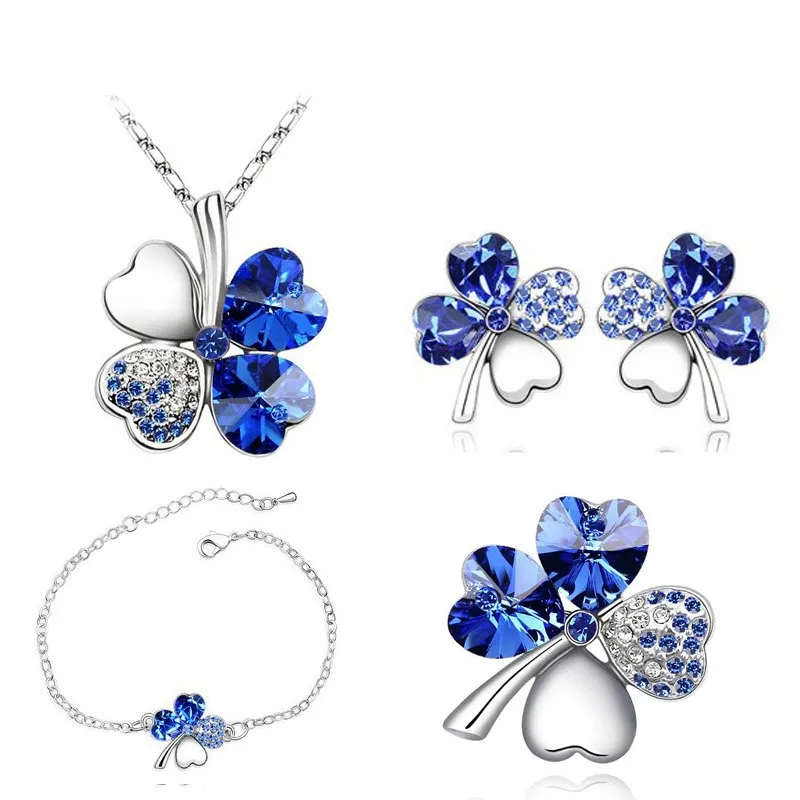 Bridal Jewelry Sets Crystal Clover 4 Leaf Heart Necklace Earrings Bracelet Brooch Charm
