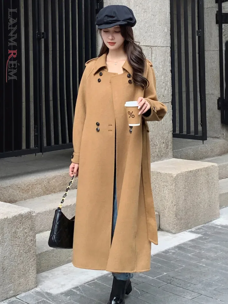 

LANMREM Fashion Woolen Long Coat Women Lapel Belt Gathered Waist Solid Color Clothing Korean Style 2023 Winter New 2AA3214