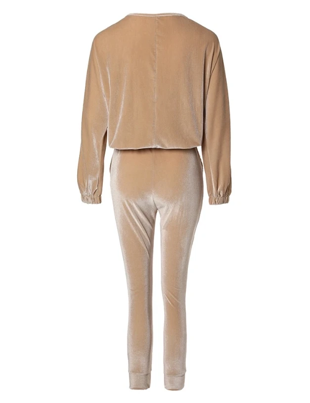 Women's Pants Set 2023 New Hot Selling Fashion Long Sleeve Velvet V-Neck Zipper Lantern Sleeve and Casual Pocket Design Pants