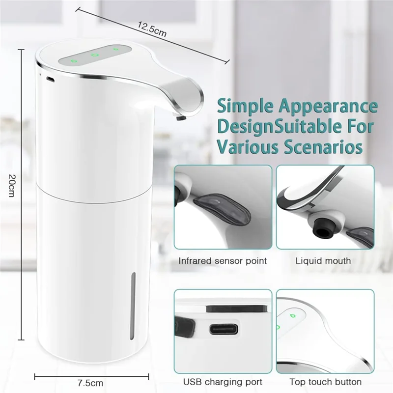 Soap Dispenser Automatic-Touchless USB Rechargeable Electric Liquid Soap Dispenser Waterproof Adjustable Volume 450Ml