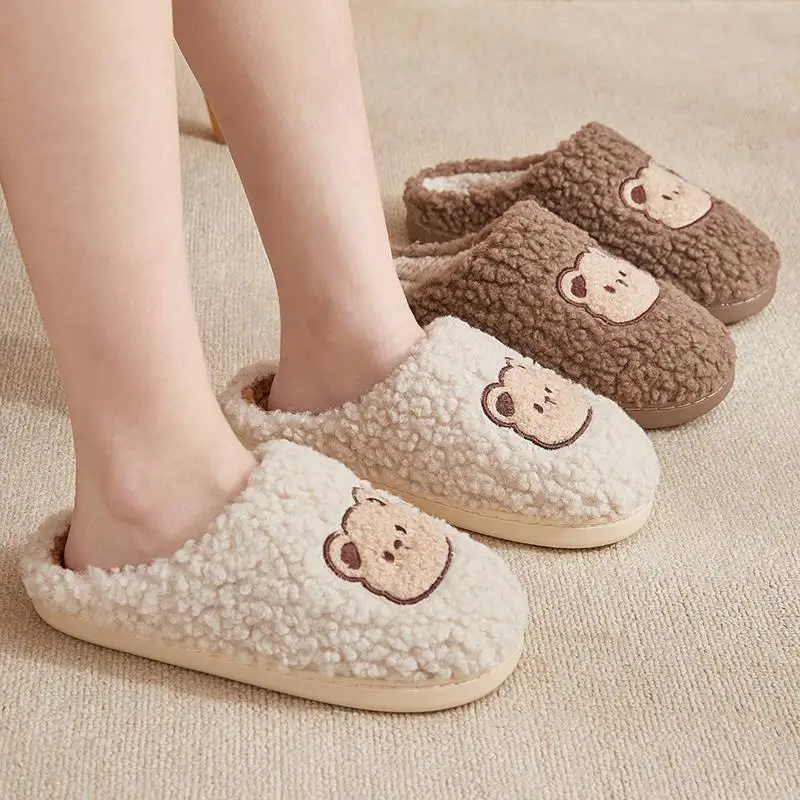 

Winter House Women Fur Slippers Warm Soft For Men Cute Cartoon Bear Bedroom Ladies Girls Fluffy Slippers Couples Plush Shoes
