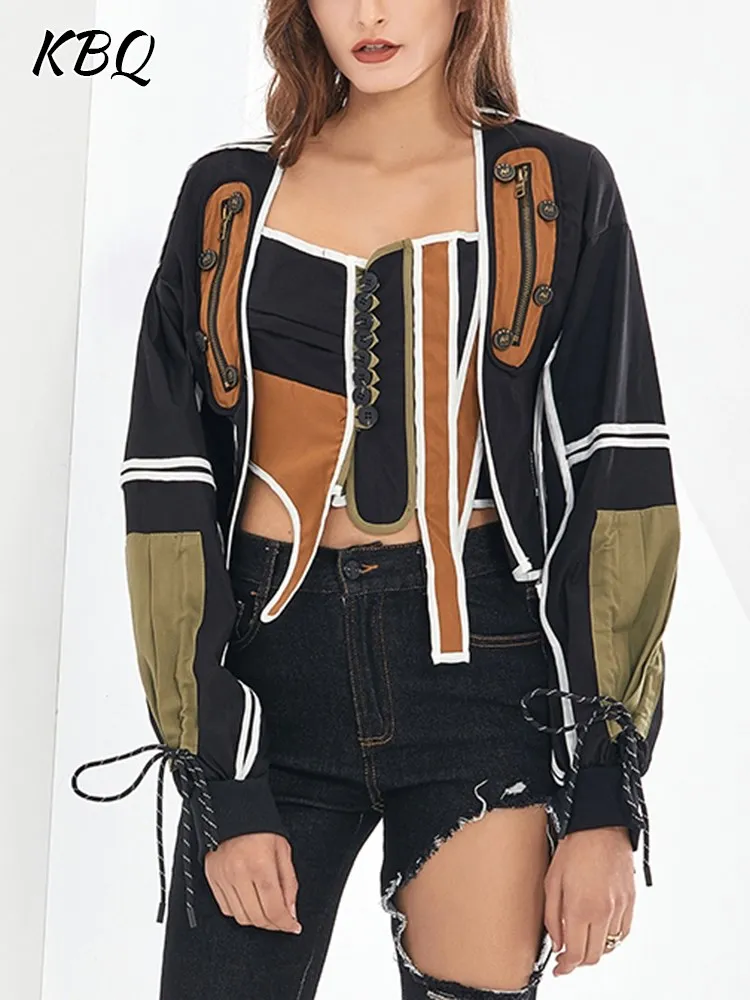 KBQ Colorblock Spliced Lace Up Jackets For Women Square Collar Long Sleeves Irregular Striped Streetwear Coats Female Fashion