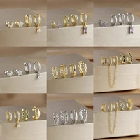 4PCS Stainless Steel Cubic Zirconia Star Leaves Hoop Earrings Set for Women 18K Gold Plated Long Chain Piercing Jewelry Aretes