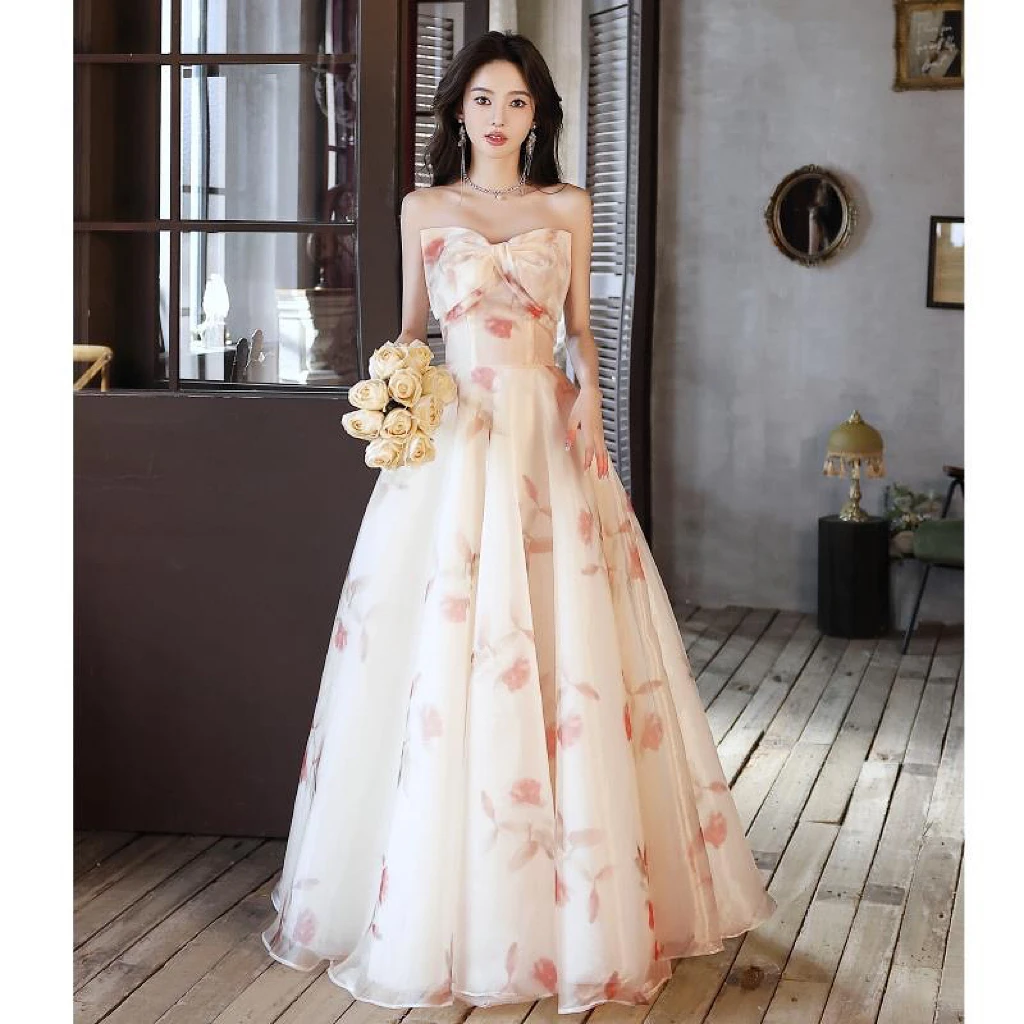 

Gorgeous Bridesmaid Dresses Strapless Woman Bow A-line Lace-up Floral Sleeveless Floor Length Birthday Quinceanera Party Gowns