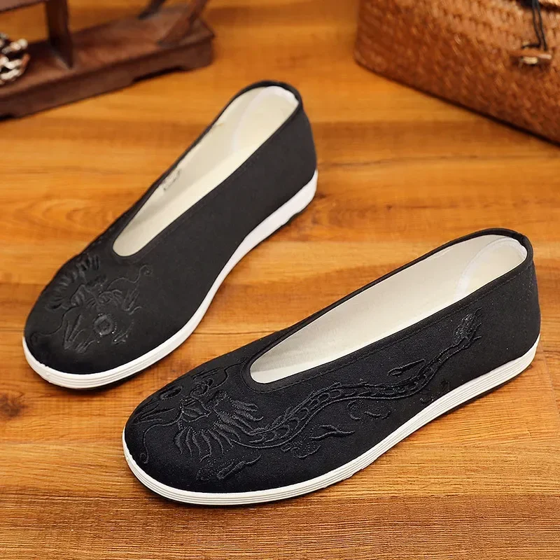 Cloth Shoes Men Old Beijing  Soft Sole Chinese Embroidery Men Shoes Chinese Style Yellow Black Dragon Round Mouth Cloth Shoes 3