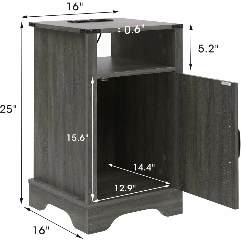 Nightstand Set of 2, Grey End Table with Charging Station, Tall Farmhouse Bedside Table with Large Storage and Shelf 2