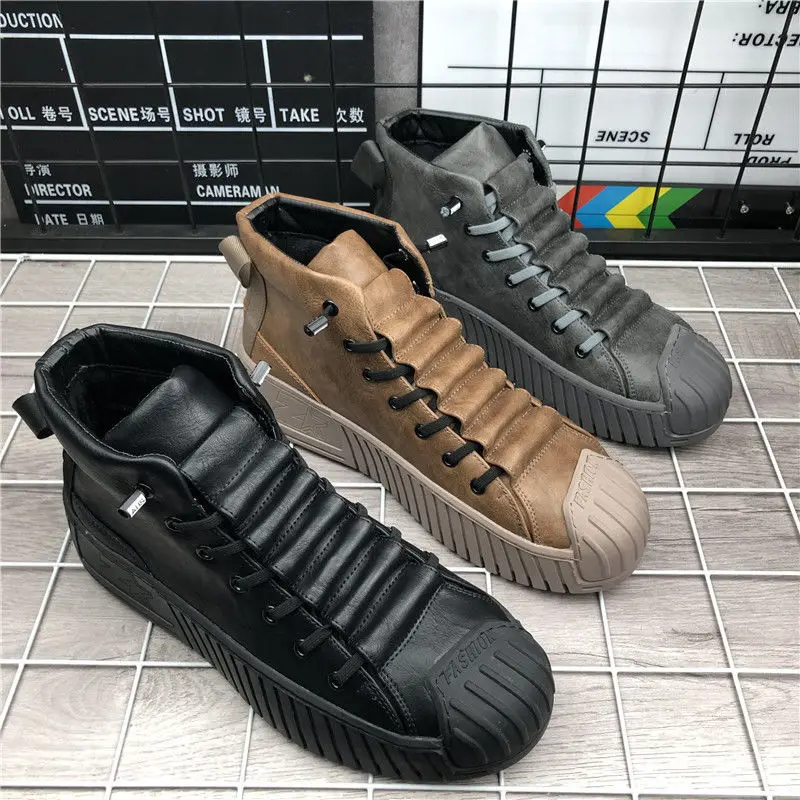 

Men British Style Leather Boots Casual Round Head Board Shoes New Lightweight Comfortable Thick Sole Sneakers Sapatos Masculinos