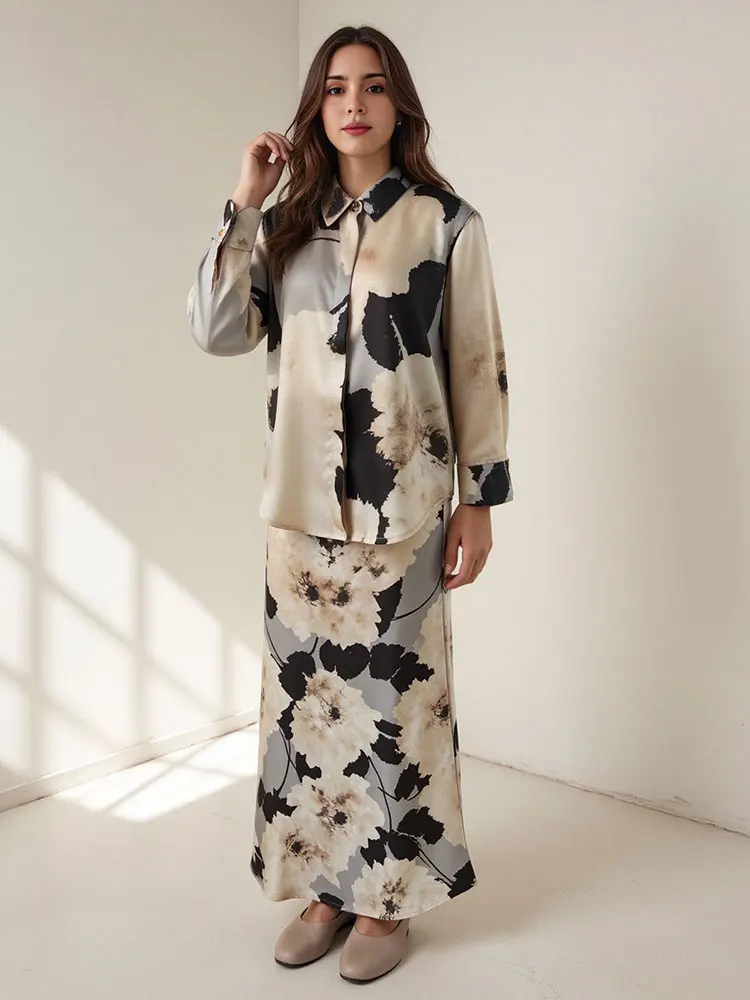 HH Women Elegant Floral Print Blouse Skirt Suit Lapel Single Breasted Shirt High Waist Skirts 2025 Spring New Fashion Sets
