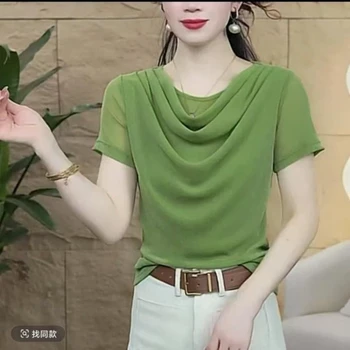 Net Yarn Pleated Plus Size Elegant Tops Summer Thin Short Sleeve Simplicity Temperament T Shirts Office Fashion Women Clothing