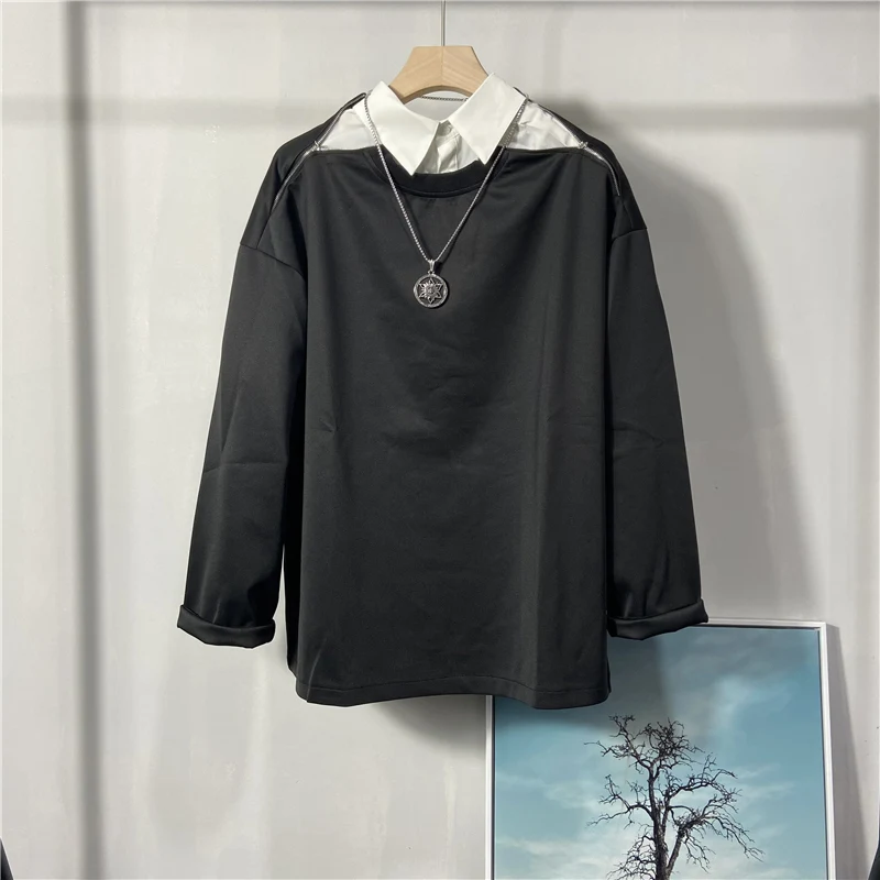 

2022 Spring Men's Polo Loose Sweater Trend Personalized Korean Shirt Collar Splicing Fake Two Piece Design Top