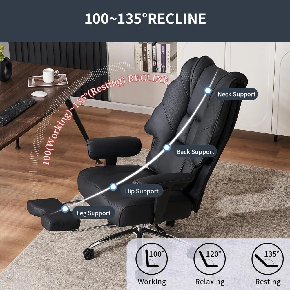 Big and Tall Office Chair 400lbs Wide Seat, Leather High Back Executive Office Chair with Foot Rest, Ergonomic Office Chair Lumb 6