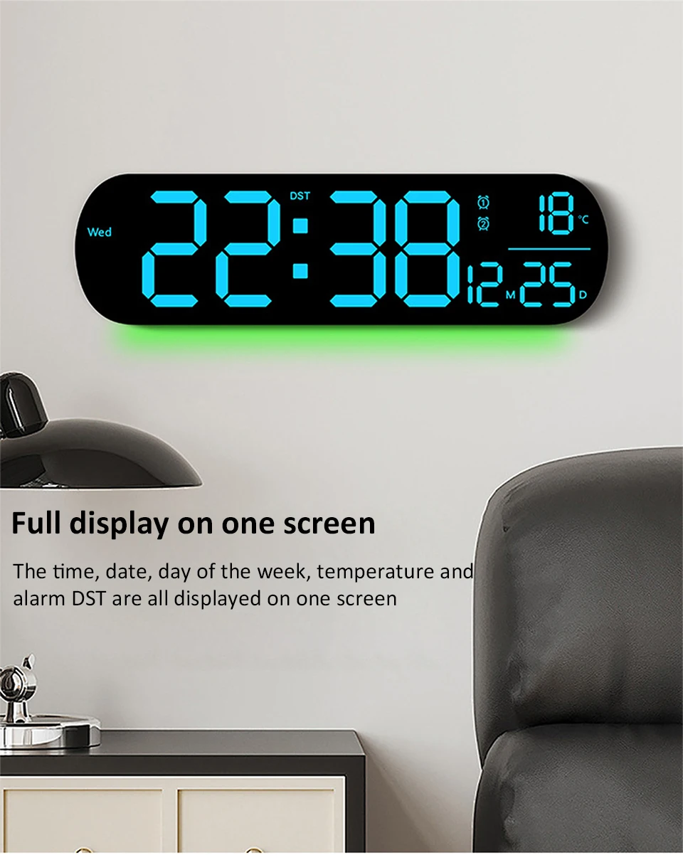 Description Picture 5 of itemLED Luminous Digital Wall Clock With Remote Control Ambient Lights 14'' Creative RGB Alarm Clock  Date Temp Display  Home Decor
