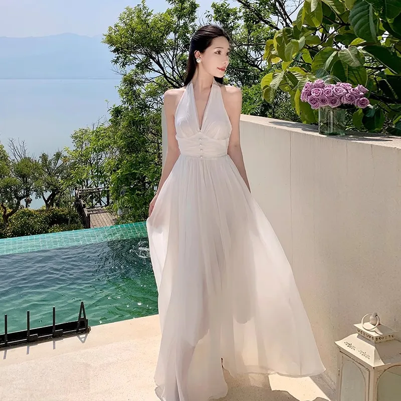 

New Chic Fashion Summer Chiffon Beach Dresses For Women Halter Sleeveless Backless Long Dress White Casual Evening Party Dresses
