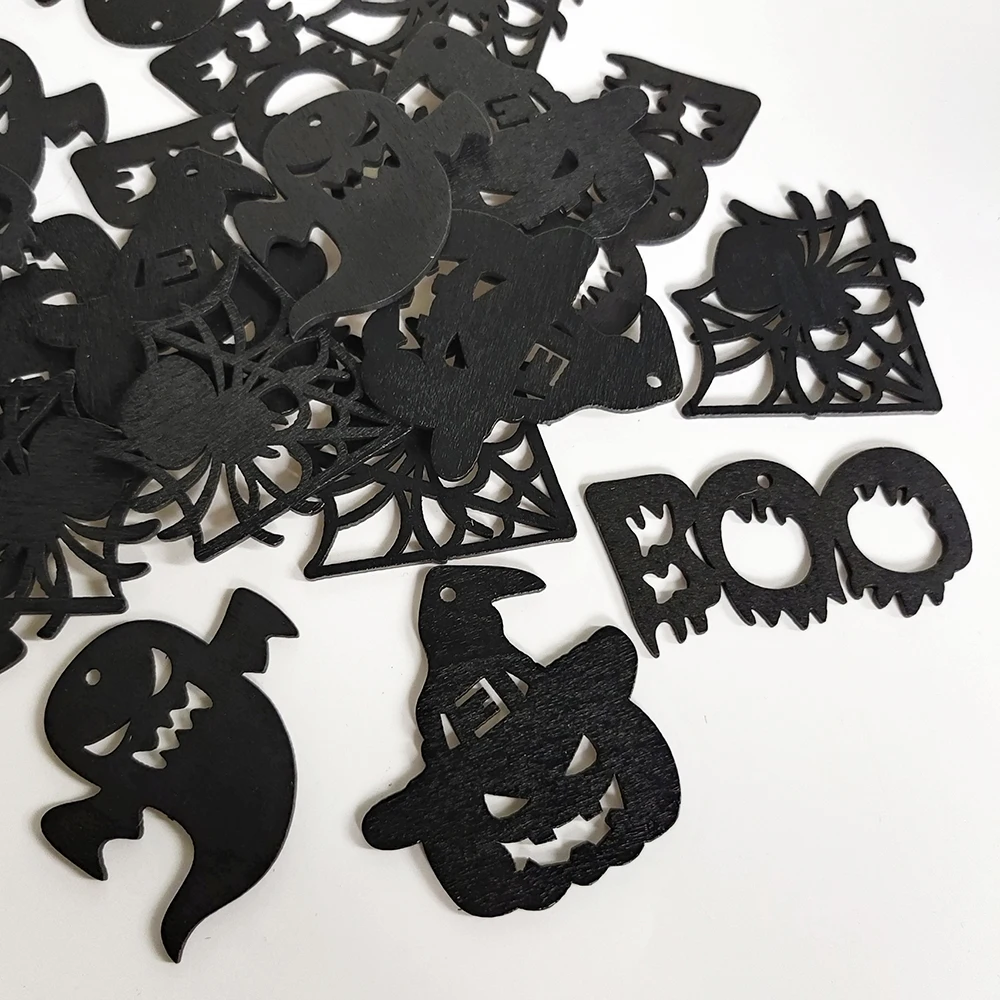 10 Stück Halloween-Dekoration Holzornamente Kürbis Geist Fledermaus Holzchips Happy Halloween Party Heim DIY Bastelgeschenk – Detail 3