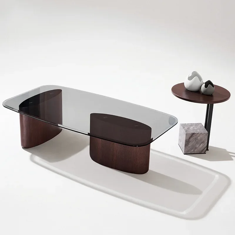 

Italian minimalist tempered glass coffee table combination, modern and simple household light luxury smoked wood living room d