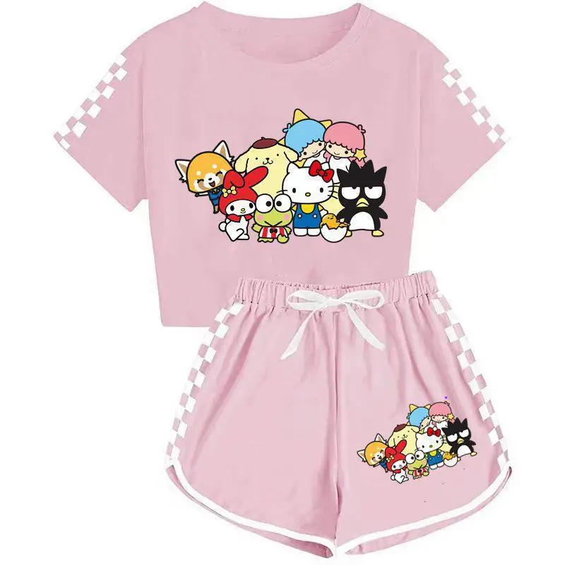 

Мультяшный Sanrio Cinnamoroll летний костюм с коротким рукавом Kawaii Hellokitty My Melody детская хлопковая Футболка аниме Повседневный матовый 2 шт.
