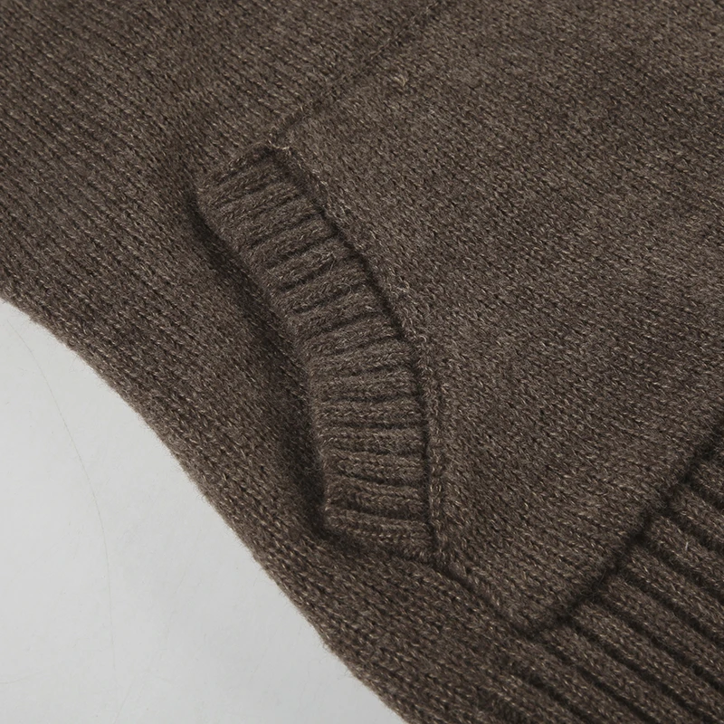 Y2K Brown V-neck Hooded Sweater Vintage Basic Slim Button Up Knitted Pullovers Autumn Casual Streetwear Outfits Lady