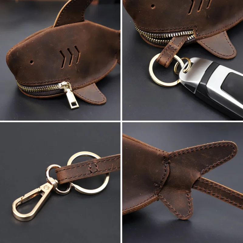 Creative Crazy Horse Leather Keycase - Portable Universal Shark-Themed Key Holder with Personalized Pocket Pendant