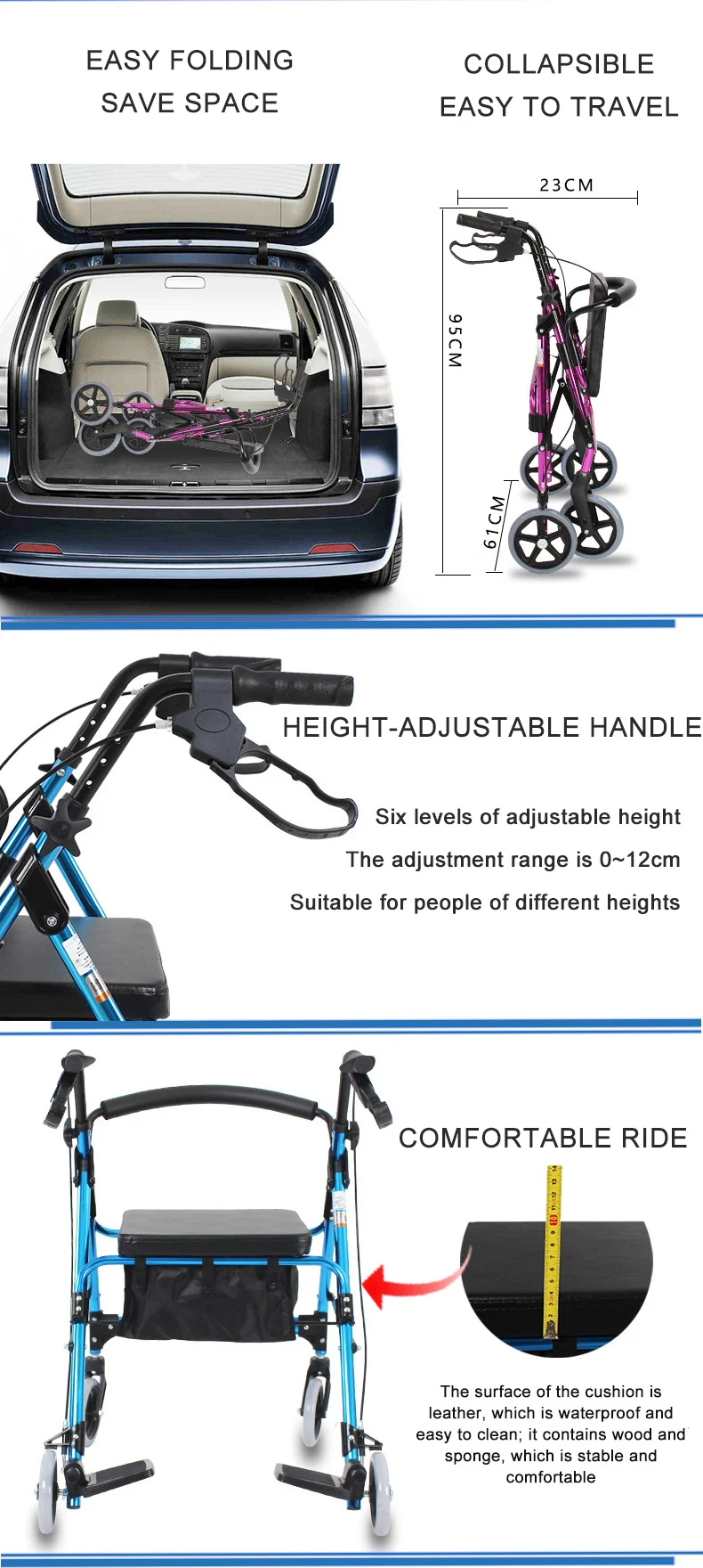 Lightweight Aluminum alloy foldable Elderly walker Rollator Walker with Leather cushion Medical Walking Aid disabled Walker