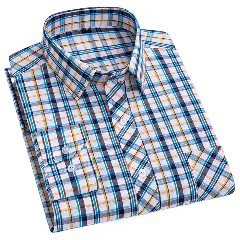 100% Cotton Men's Plaid Shirt Long Sleeve Spring Autumn Casual High Quality Slim Fit Button Up Social Dress Formal Home Male Top