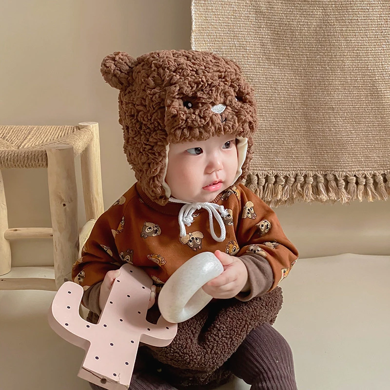 Winter Baby Hat for Girls Boy Cartoon Bear Ear Warm Cap Lamb Plush Kids Hats with Windproof Rope Infant Babies Accessories 3-18M