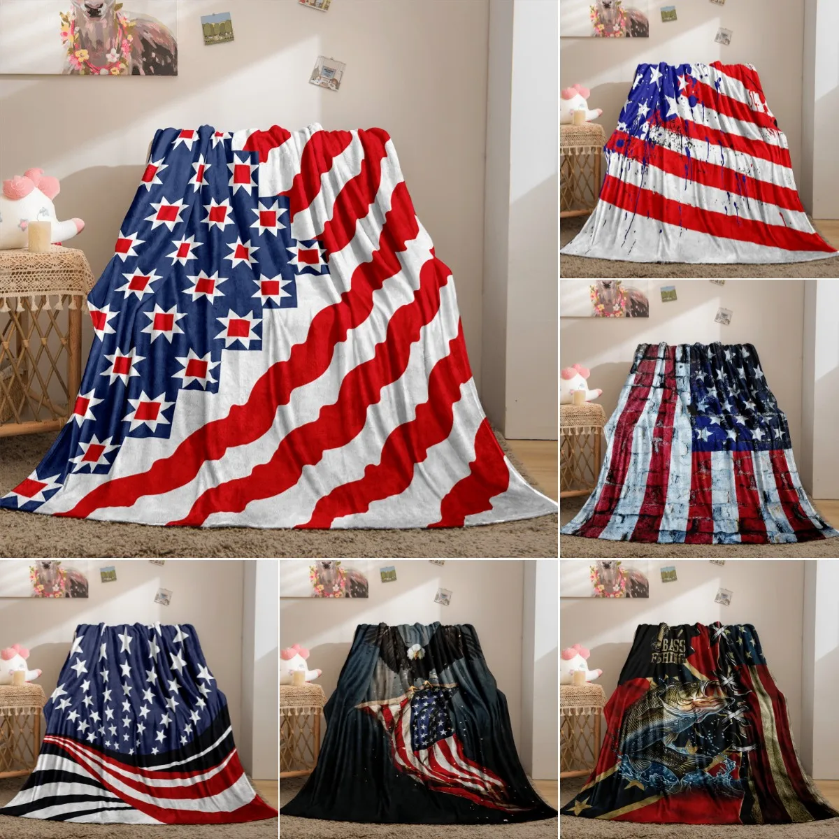 

American Flag Bedspread Blanket High Density Super Soft Flannel Throw Blankets Lightweight for Sofa Bed Car Portable Queen Size